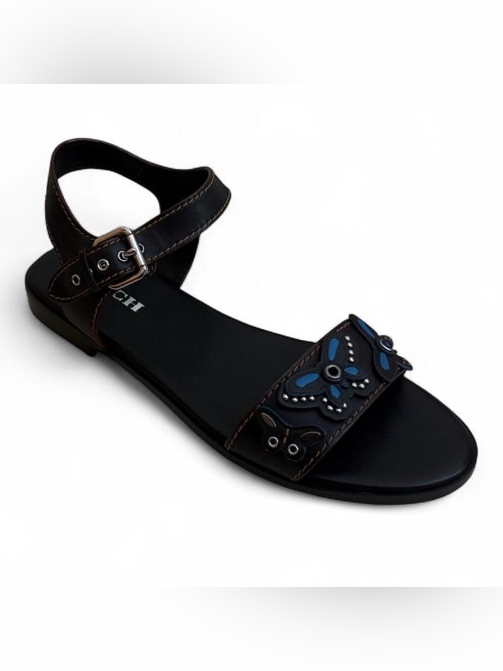 Coach Black Leather Butterfly Accent Ankle Strap Sandal with Blue Detail